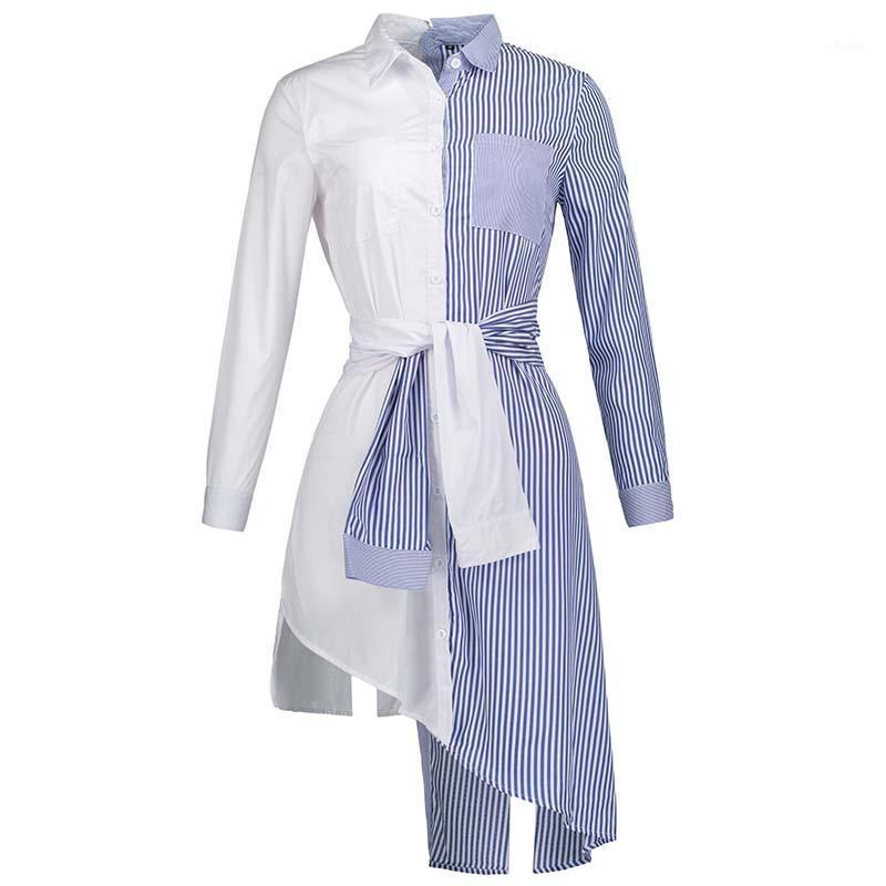 

Women's Blouses & Shirts Sis Women Blouse 2022 Spring Summer Carnival Blue Strip Fashion Patchwork Lace Up Lapel Pocket Casual Maxi