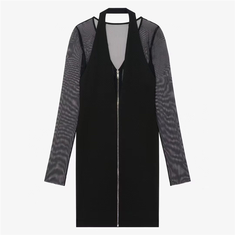 

Full Letters Mesh Dresses For Women Sexy V Neck Short Skirt Charm Ladies Black Dress Long Sleeve
