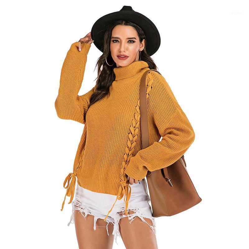 

Women' Sweaters 2022Explosions Women Solid Color Long Sleeve Tie-up Loose Knitted Turtleneck Oversized Sweater, Yellow