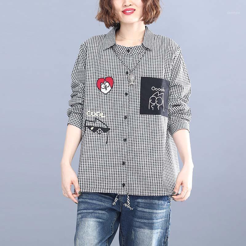

Women's T-Shirt 2022 Art Plus Size Loose Cotton And Linen Plaid Lapel Ladies Long-sleeved Shirt All-match Casual Top Clothing, Red