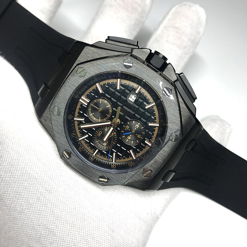 

5 Types 2022 Royal watch Men Black Case dial automatic sweeping movement Rubber strap 44mm sapphire glass stainless steel all sub dials works oaks AAA watches, 11 make watch waterproof