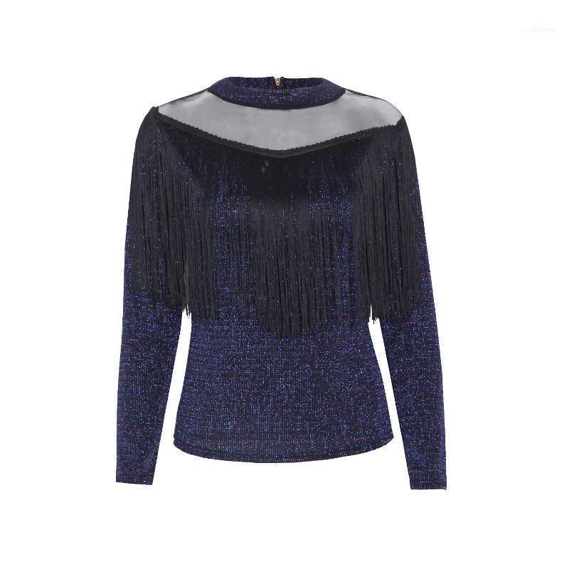 

Women's Blouses & Shirts Women Blouse 2022 Perspective Long Sleeve Mesh Zipper Fringed Stretch Lace Top Lady Autumn, Black