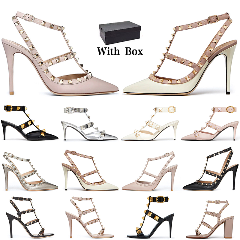 With Box designer dress shoes women sneakers stud pump high heels Patent Leather Metallic Gold Black Womens Sandals Trainers party wedding sandal