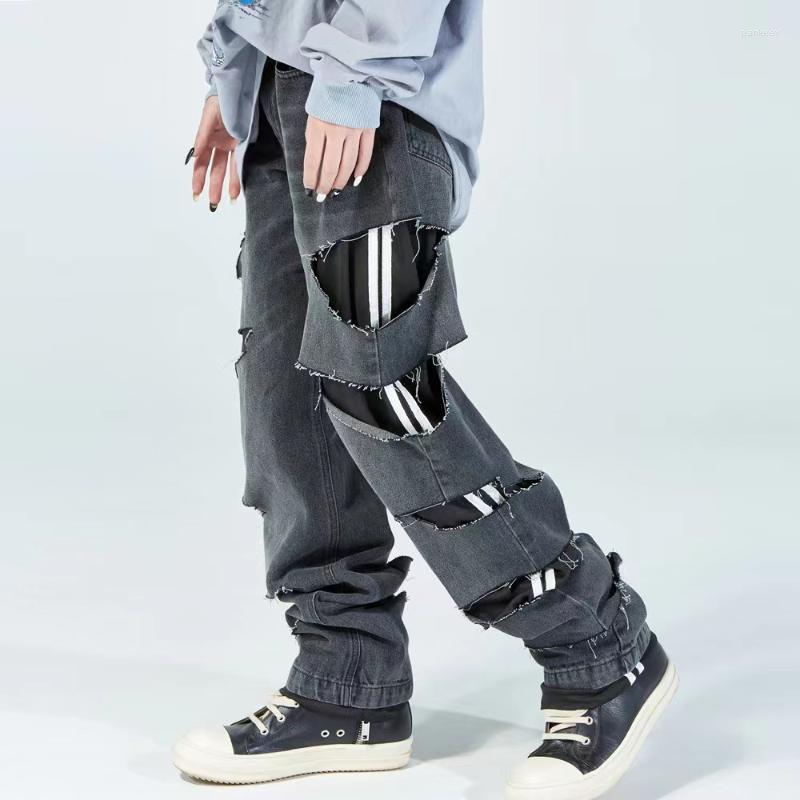 

Men's Jeans Beggar Wind Ripped Patchwork Fake Two-Piece Men's Ins High Street Fashion Loose Straight-Leg Casual PantsMen's, Black