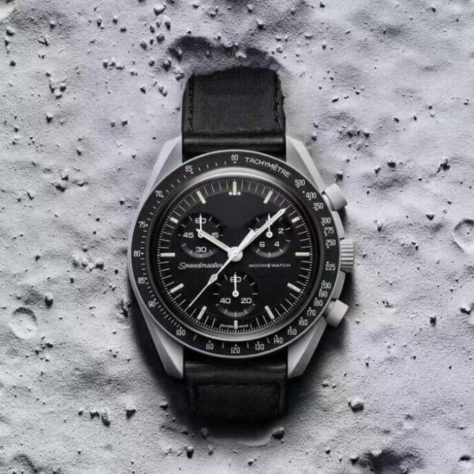 

Mission To Jupiter Mens Watches 42mm Bioceramic Moonswatch Swiss Quqrtz Chronograph SO33C100 Real beige Ceramic Black Nylon Strap wristwatche Edition Puretime B2, Multi-color