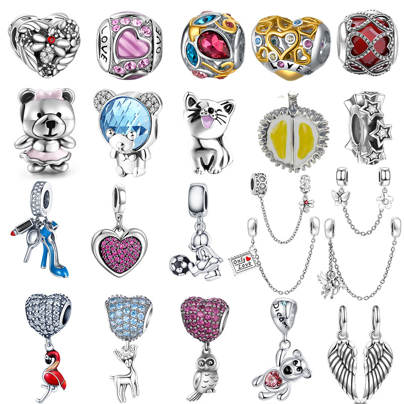 

925 Silver Fit Pandora Charm 925 Bracelet Silver Color Pendant Animal Panda Owl High Heels charms set Pendant DIY Fine Beads Jewelry