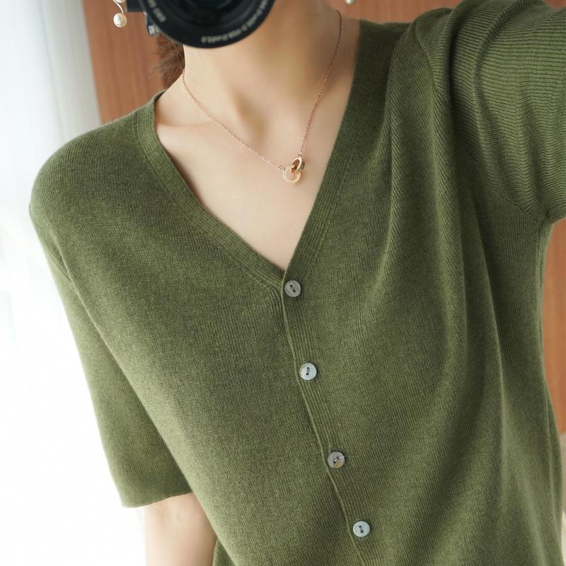 

Women's Knits & Tees Cardigan Knitted Sweater Women Tops 2022 Summer Short Sleeve High Quality Knit Shirts Button Korean Style Casual Female, Black