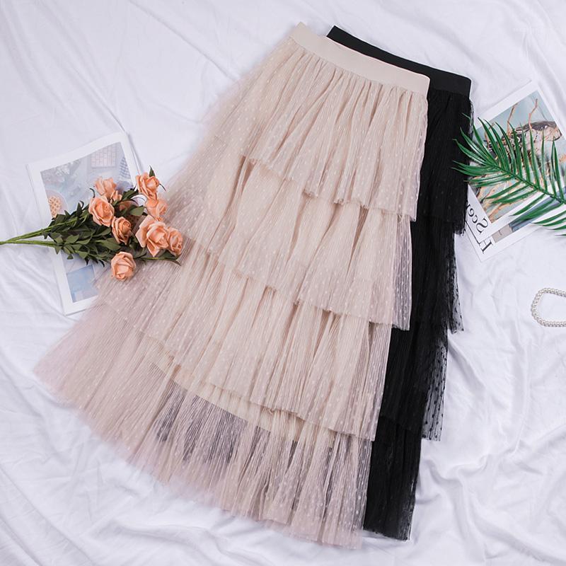 

Spring Women Tulle Pleated Ins Skirts Sweet Cake Layered Long Mesh Princess High Waist Ruffled Vintage Tiered, Black