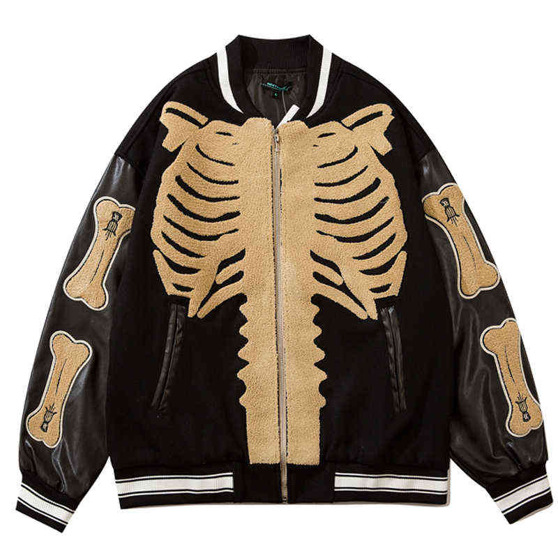 

Furry Skeleton Patchwork Color Block Baseball Jackets Men Hip Hop Streetwear College Bomber Jacket Couple Harajuku Bomber Coats T220728, Green