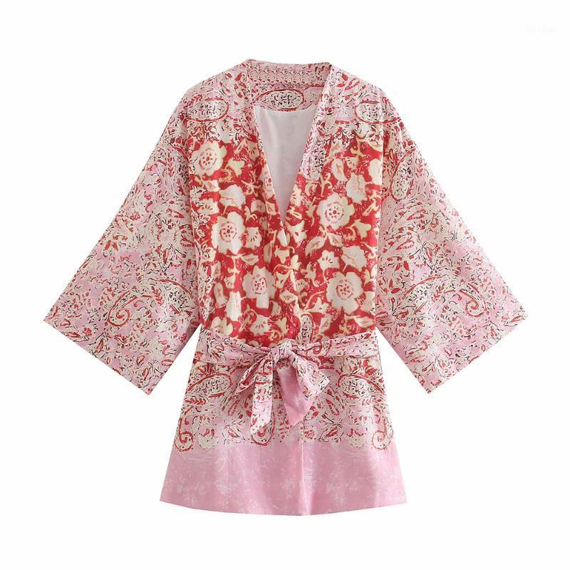 

Women's Blouses & Shirts DYLQFS 2022 Summer Women Vintage Beach Style Linen Flower Print V Neck Belt Shirt Female Streetwear Ladies Casual T, Multi