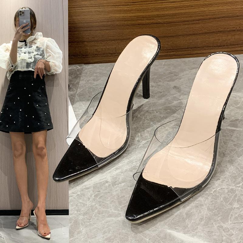 

Slippers 2022 Fashion Women PVC Transparent Sexy High Heel Mules Lady Pointed Peep Toe Summer Slip On Shoes Zapatos De Mujer, Red