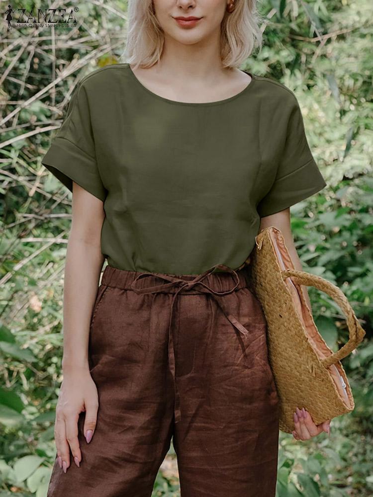 

Women' Blouses & Shirts Women Fashion Solid Party Shirt Female Casual O Neck Loose Work Blusas Vintage Cotton Tops Summer Short Sleeve Blou, Beige