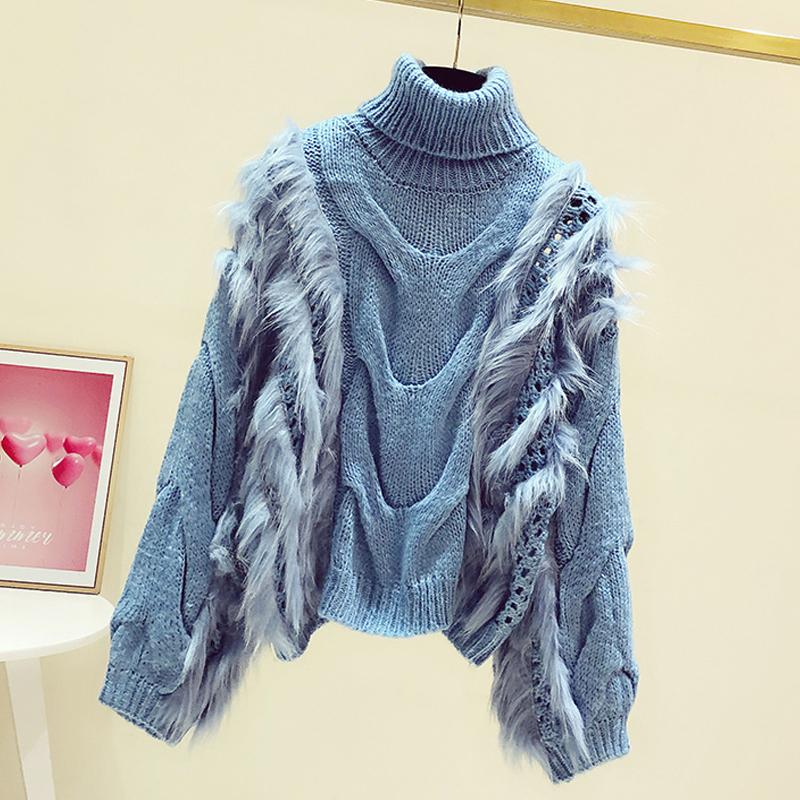 Women's Sweaters Fashion Designer Autumn Winter Sweater Women Blue White High Quality Fur Patchwork Loose Casual TopWomen's