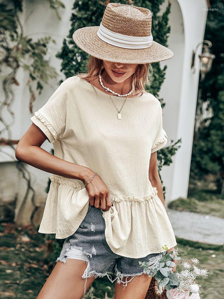 

Women' Blouses & Shirts Spring Summer O Neck Solid Color Wrinkled Short Sleeve Loose All Match Chic For FashionWomen' Chee22, Apricot