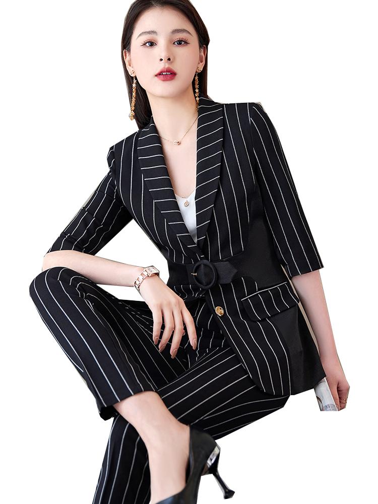 Women's Two Piece Pants Women White Black Striped Pant Suit 2 Set Half Sleeve Formal Blazer And Trouser For Office Ladies Summer Work Wear