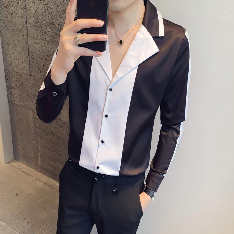 

Black/White Simple Long Sleeve Spliced Design Shirts For Men Clothing 2022 Spring Slim Fit Casual Gentlemen Tuxedo Dress 3XL Men's
