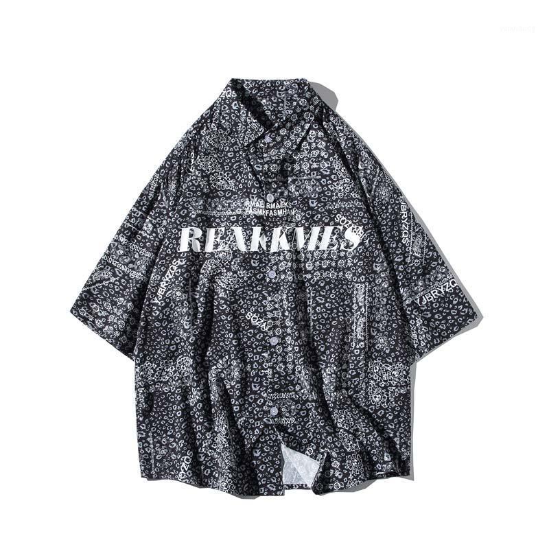 

Men's Casual Shirts 2022 Shirt Loose Short Sleeve Hawaii Male Single-Breasted Letter Printing Clothing, Black