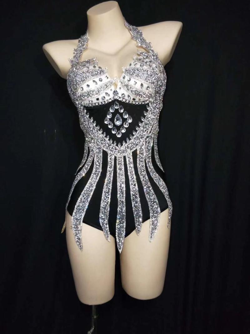 

Women' Two Piece Pants Silver Rhinestones Bodysuits Nightclub Sexy Party Celebration Stage Dance Costumes Women Showgirl Gloves Leotard, Only gloves