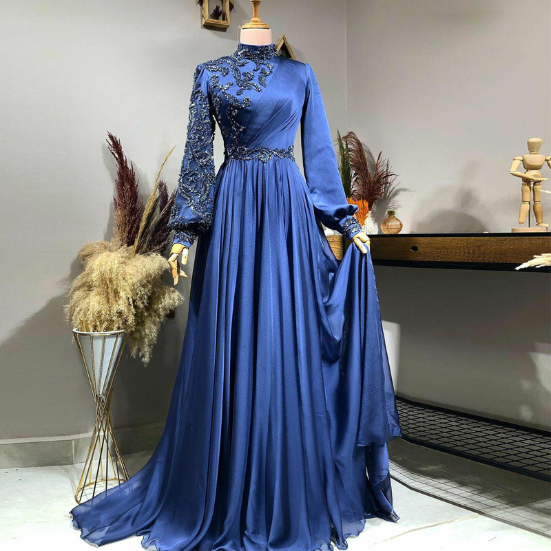Robes De soirée musulmanes élégantes perles bleu Royal Dubai Caftan arabe robe formelle bouffante à manches longues en mousseline De soie Robes D