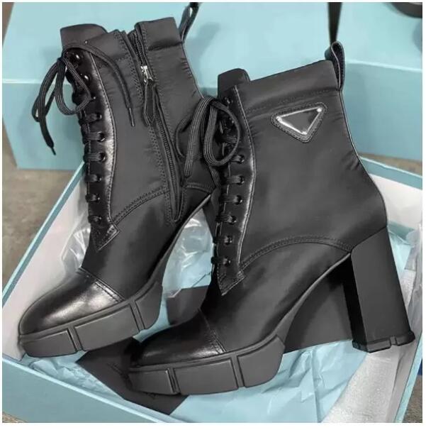 

Designer Plaque Boots Lace Up Ankle Boot 9.5cm Women Black Leather Combat Boots High Heel Winter Boot Top Quality With Box NO256