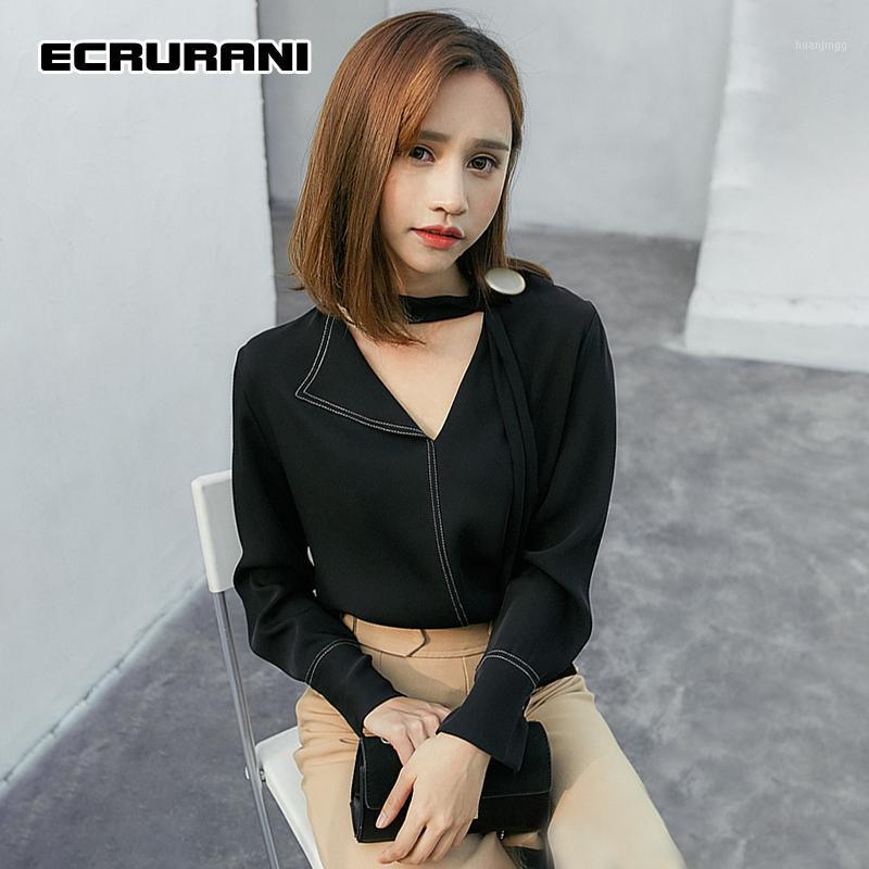 

Women's Blouses & Shirts ECRURANI Patchwork Black Casual Shirt For Women V-neck Long Sleeve Slimming Solid Minimalist Blouse Female 2022 Fas