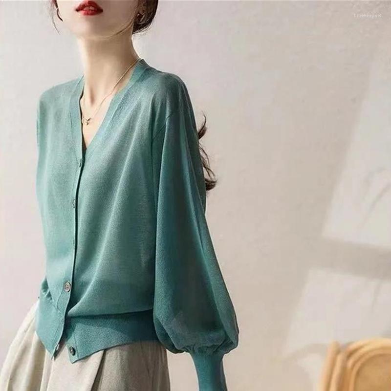 

Women's Knits & Tees Cropped Cardigan Women Sweater Summer Korean Solid Color Loose V-neck Light Breathable Sunscreen Coat S-3XLWomen's Time, Green