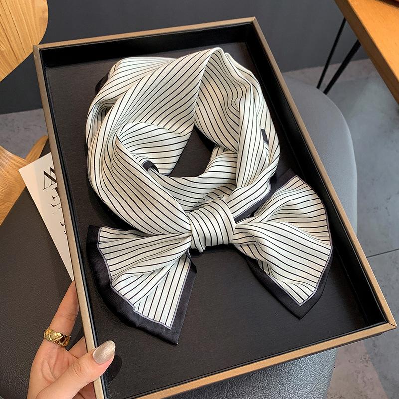 

Scarves Hijab Silk Scarf Women Fashion Striped Long Advanced Feeling Lady Hair Band Foulard Neckerchief Female Bandana Shawl Four Season