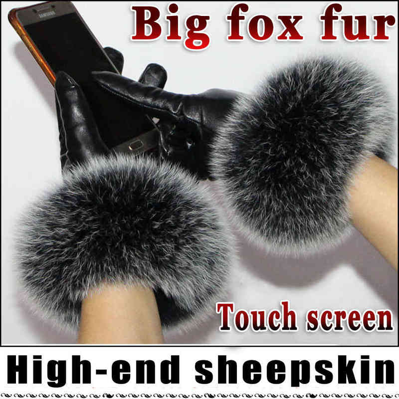 

High-grade women's leather gloves sheepskin winter warm plus velvet thick cuffs big fox fur gloves touch screen gloves 2022 T220730