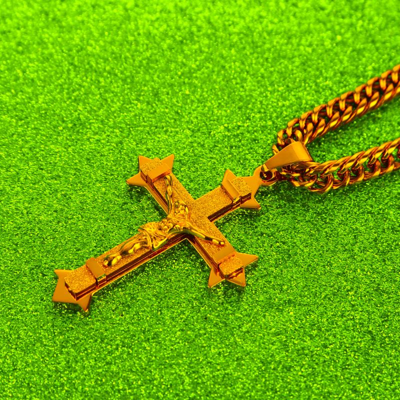 

Pendant Necklaces Fashion Cross Christ Jesus Necklace Stainless Steel Link Rolo Chain Heavy Men Jewelry Gift 21.65" 7mm Gold TonePendan