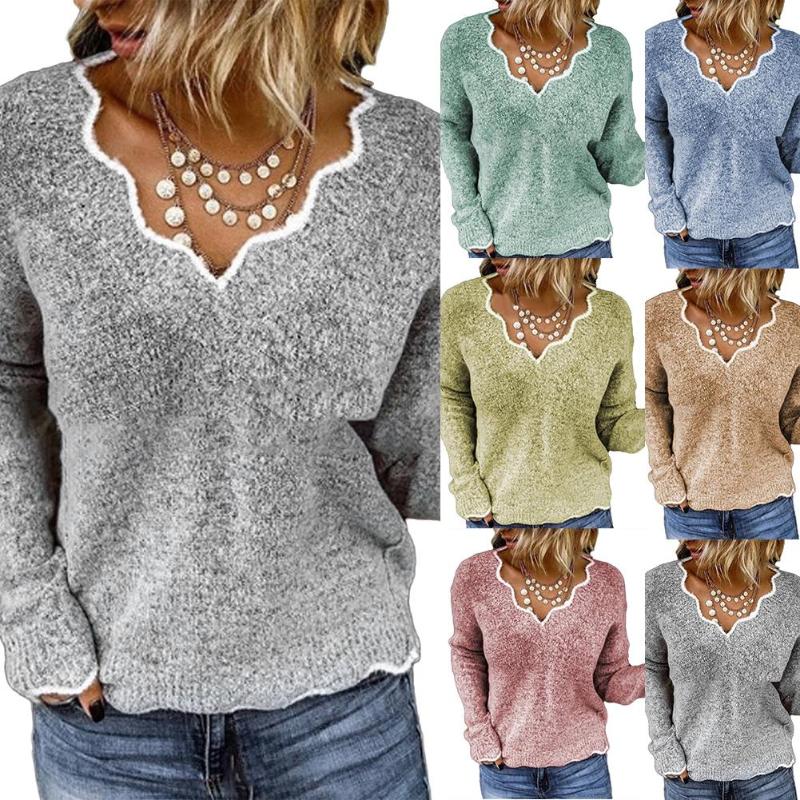 

Women's Blouses & Shirts 2022 Sweater Long Sleeve Solid Color V-neck Sexy Loose Women Knitted Cute Pullover Top, White