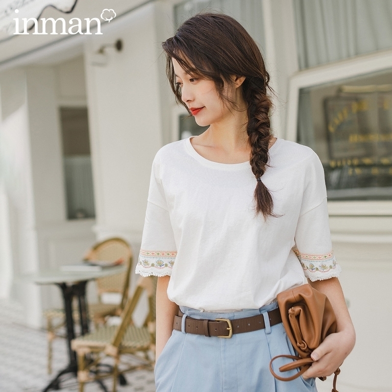 

INMAN Spring New Arrival Literary Cotton Allmatch Grilish Embroidered Splicing Lace Medium Sleeve Tshirt Y200412, Pink