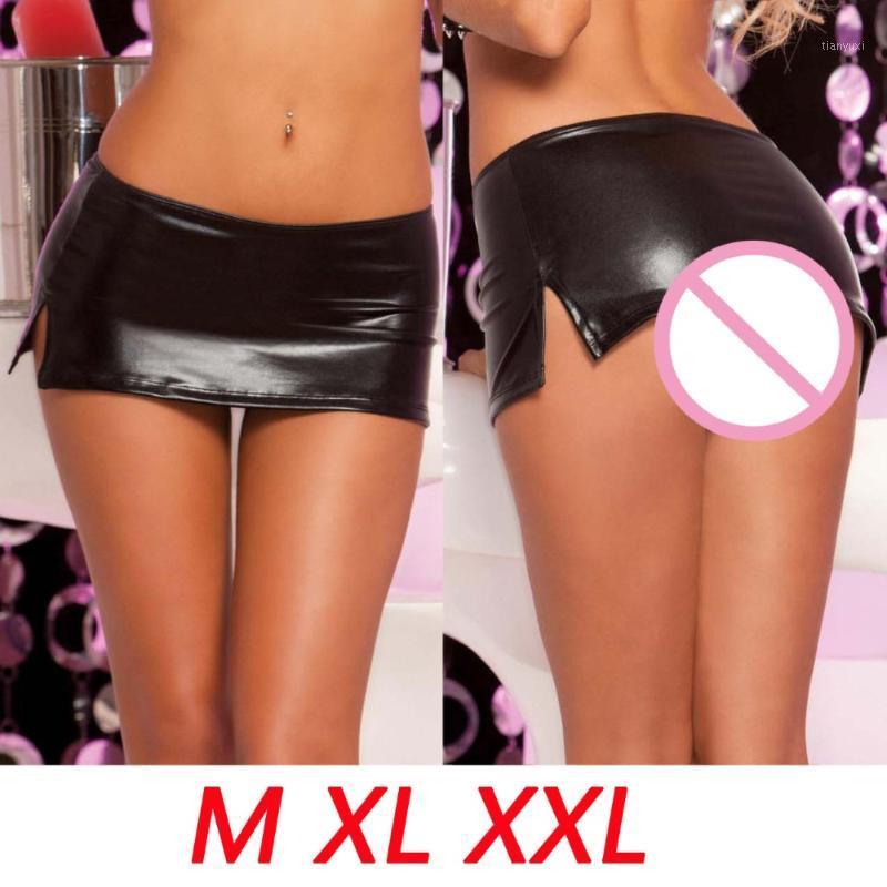 

XXL Plus Size Elastic Mini Super PU Skirt Women High Side Split Pencil Miniskirt Low Waist Sexy Night Club Bar Fantasy Skirts, Black