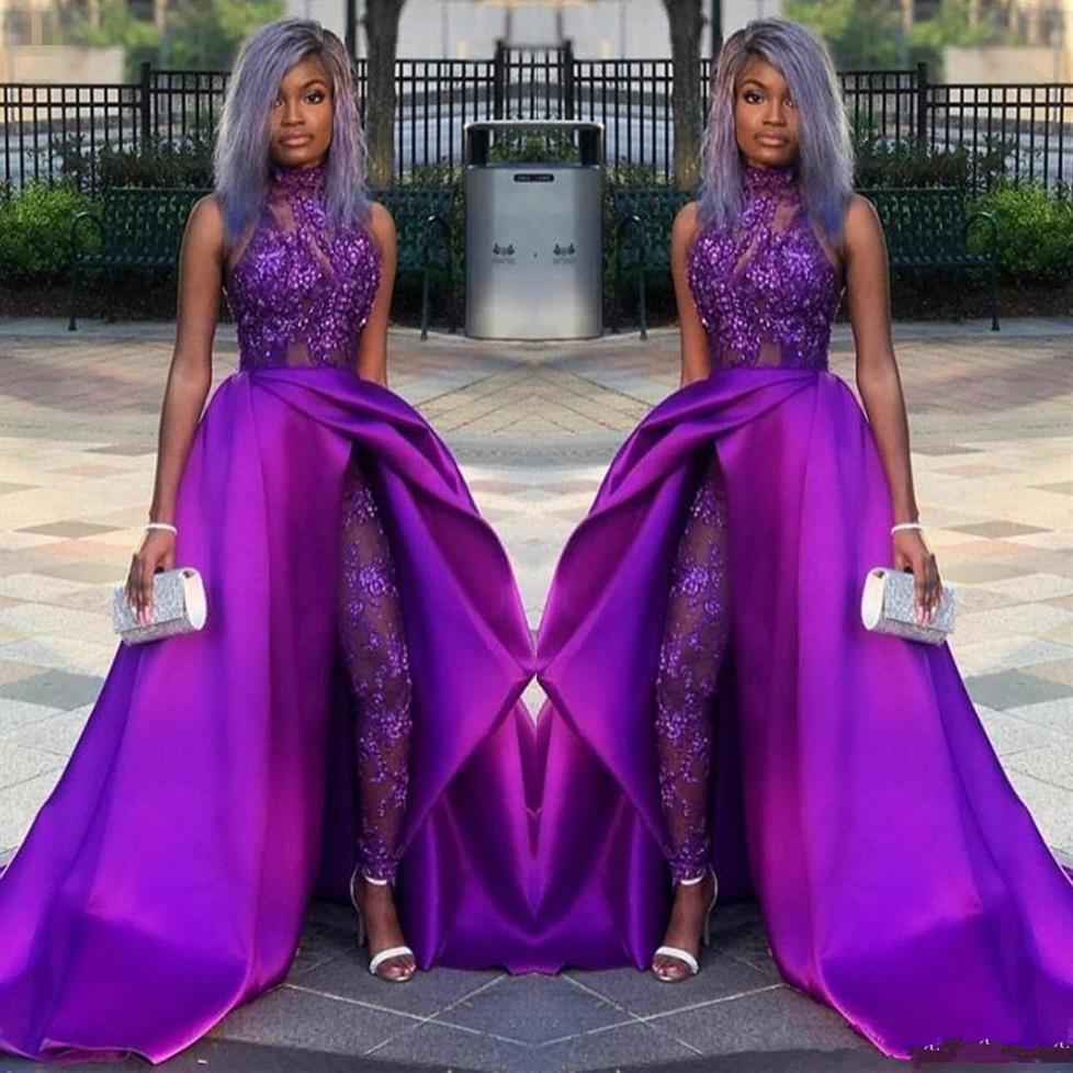 

2020 Classic Purple Jumpsuits Prom Dresses With Detachable Train High Neck Lace Appliqued Bead Evening Gowns African Party Women P248n, Gold