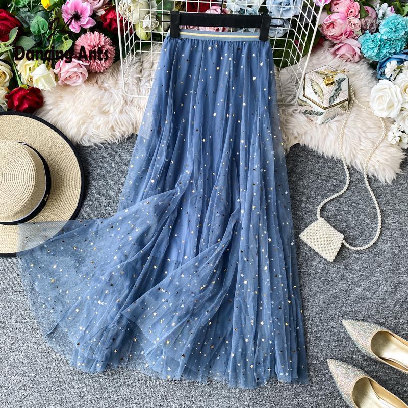 

Women A-line Skirts High Elastic Waist Mesh Lace Slim Half-Length Skirt 2022 Summer Female Elegant Sequins Mid-Calf, Black