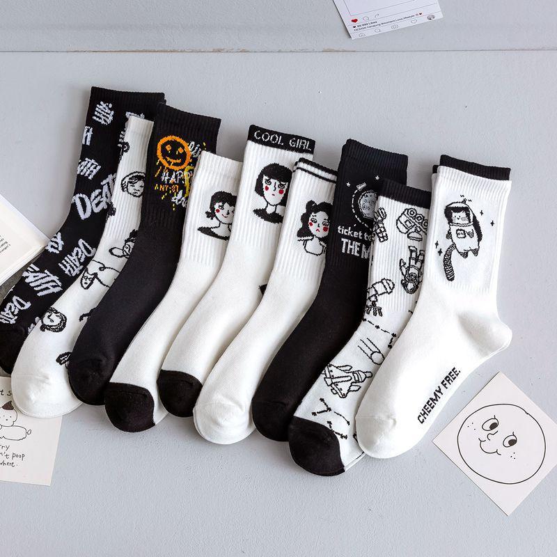 

Socks & Hosiery Autumn Black And White Sports Women Cotton Cute Winter Kawaii Printed Japanese Fashion SockSocks, Braid girl
