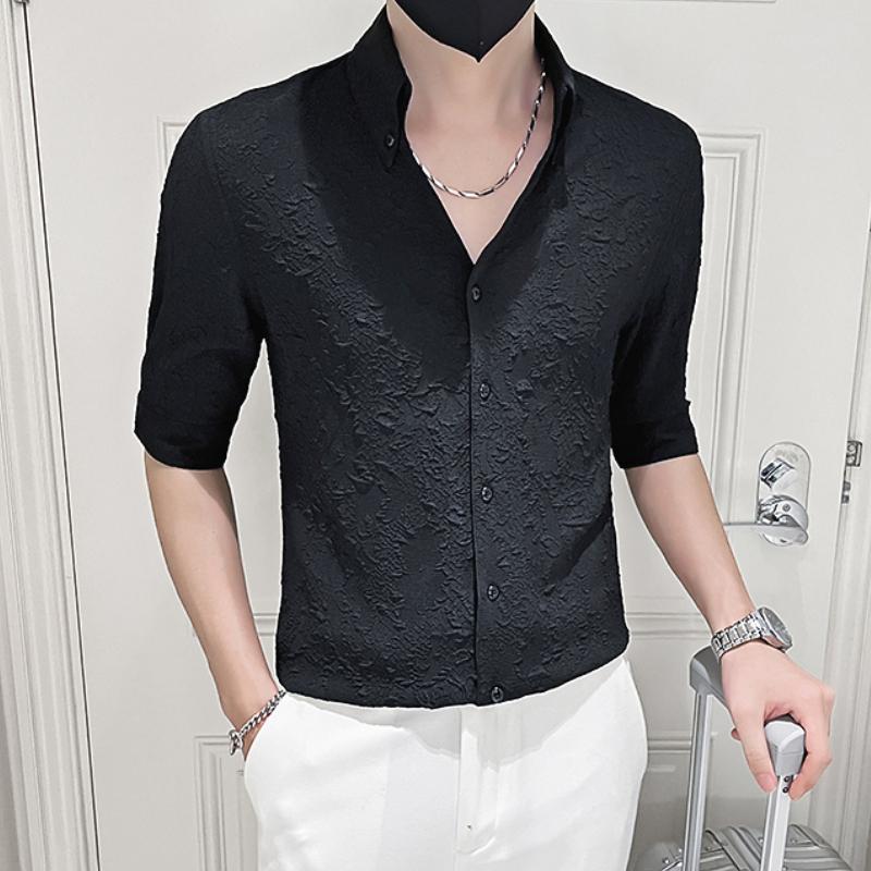 

Men's Casual Shirts Summer Men Shirt Half Sleeve Slim Fit Formal Dress V Neck Social Party Nightclub Tuxedo Business ClothingMen's, Black