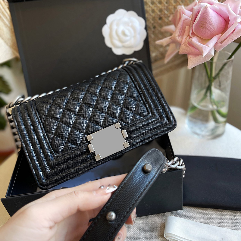 

Classic Mini Boy Caviar Vinatge Bags Calfskin Genuine Leather Quilted Aged Silver Hardware Chain Strap Crossbody Shoulder Womens Designer Handbags 20CM, Box