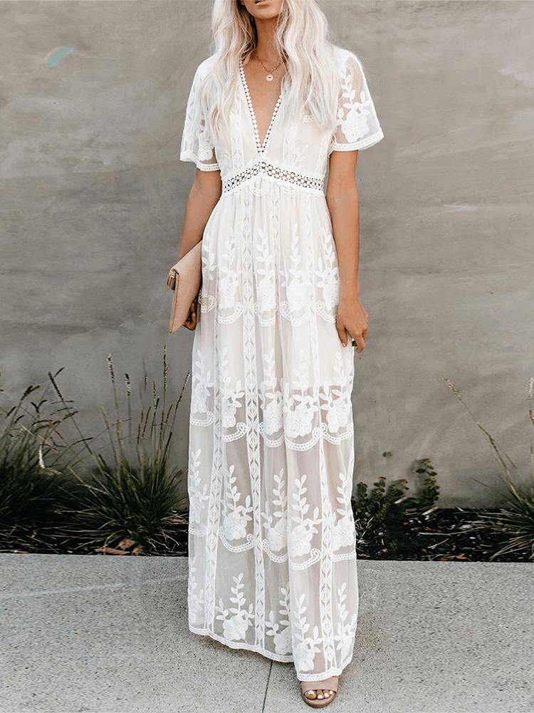 

Party Dresses Jastie 2022 Summer Boho Women Maxi Dress Loose Embroidery White Lace Long Tunic Beach Vacation Holiday ClothingParty