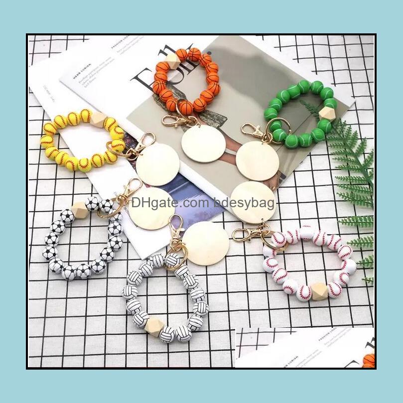 

Keychains Fashion Accessories Trendy Design Disc Wristlet Keychain Wooden Beaded Softball Baseball Print Sport Bracelet Key Rings 6 Colors D