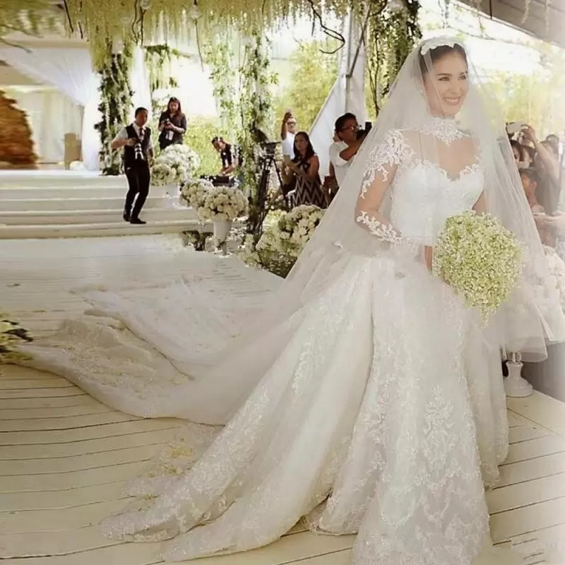 

Luxury Shiny Lace Applique Mermaid Wedding Dresses with Detachable Royal Train 2022 High Neck Illusion Long Sleeve Church Wedding Gown, Red