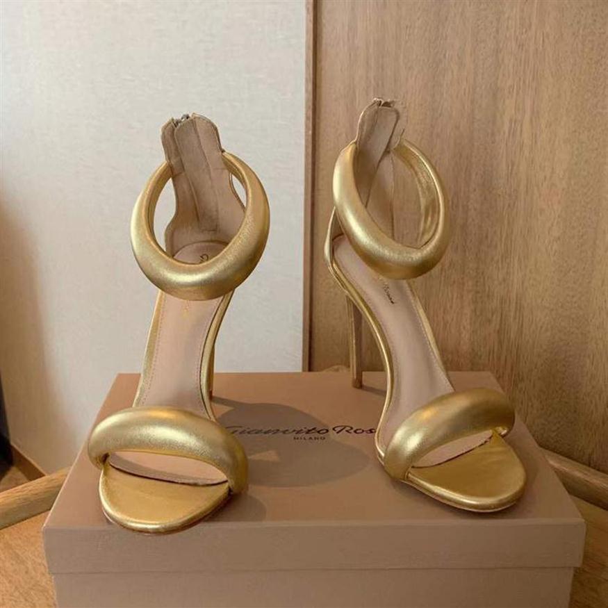 

Fashion Gianvito 10.5cm stiletto Heels Sandals sky-high heel for women summer luxury designer shoes golden Calf leather foot strap3278, Gold