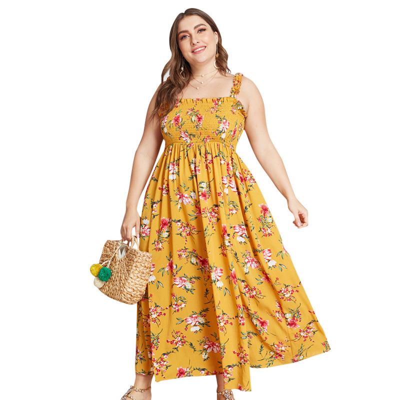 

Plus Size Dresses Large Women Summer Floral Elastic Waist Spilt Camis Pleated Dress 2022 Casual Fashion Vestidos Mujer De, Black
