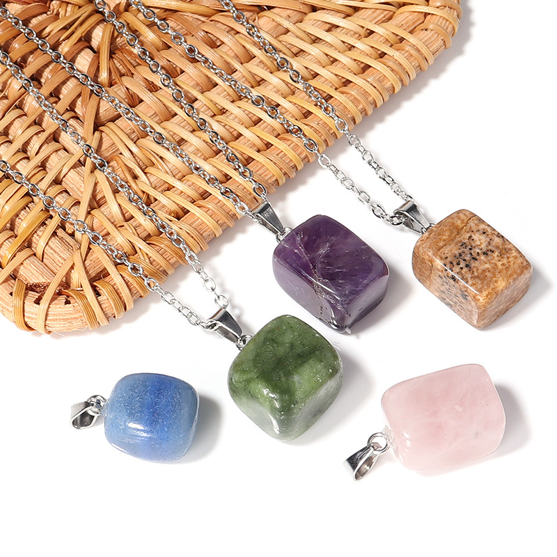 

Cubic Square Healing Crystal Natural Stone Pendant charms Green Pink Crystal Opal Stainless steel Chain Necklaces wholesale Christmas Jewelry gift