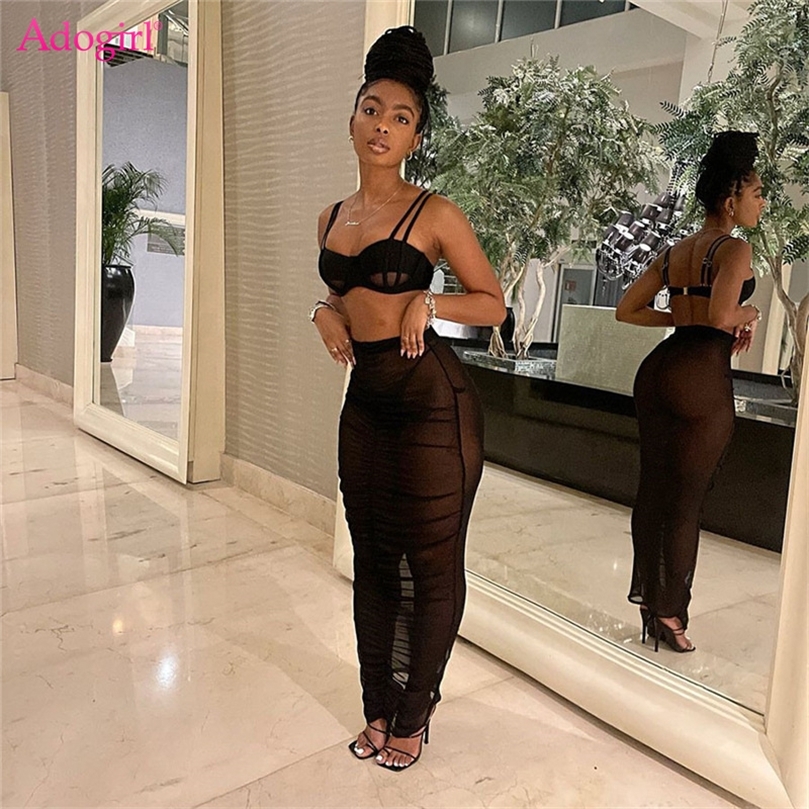 

Adogirl Sexy Sheer Mesh Two Piece Set Dresses for Women Camisole Crop Top Pleated Maxi Skirt Night Club Party Outfits Suit 220610, Black