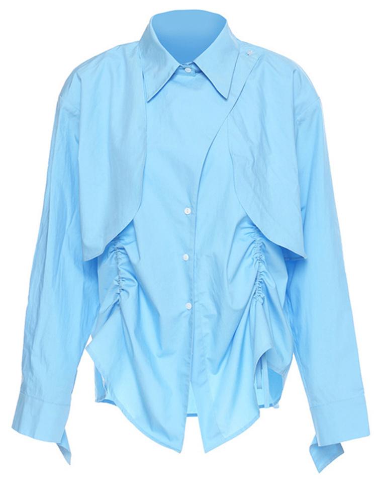 

Women' Blouses & Shirts Women Blue Drawstring Irregular Big Size Blouse Lapel Long Sleeve Loose Fit Shirt Fashion Spring Autumn 2022 N925Wo