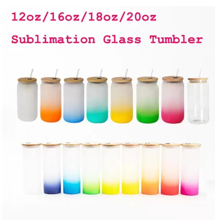 

20oz/18oz/16oz/12oz Sublimation Glass Gradient Mugs Cola Can Tumbler Frosted Beer Jar Soda Beverage Straw Cup with Bamboo Lid Clear Colored Glas UPS Delivery T0429, Mutiple color
