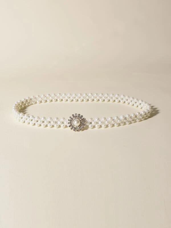 

Belts Female Pearl Elastic Thin Belt Sweet Fashion Rhinestone Inlaid Waist ChainBelts, Black