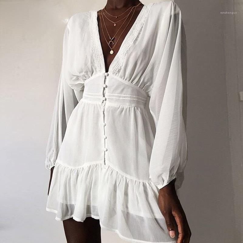 

Casual Dresses Sexy Plunge V Neck Women' Summer Dress White Lace Long Sleeve Mini Wedding Party Ruffle Elegant Clothes 2022