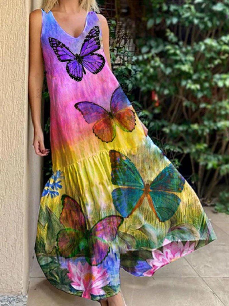 

Casual Dresses Loose Dress Sleeveless Elegant Empire O-neck Fashion Tank Woman Sexy Beach Butterfly Cloth Women Basic Vestidos AC1159, Picture