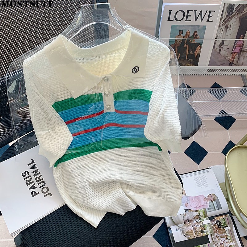 

2022 Summer Striped Thin Knit T Shirt Sweater Women Vintage Fashion Ladies Top Pullover Short Sleeve Buttons Chic Woman Sweaters, Black